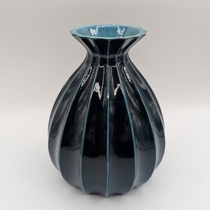 Global Views Blue Ribbed Ceramic Vase Handcrafted Made in Portugal 8.5" Decor